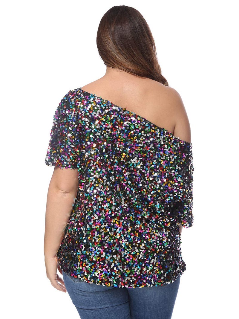 Anna-Kaci Women's Plus Size Sequin Sexy One Shoulder Short Sleeve Party Club Top, Multicolored, 1X-Large - Image 2